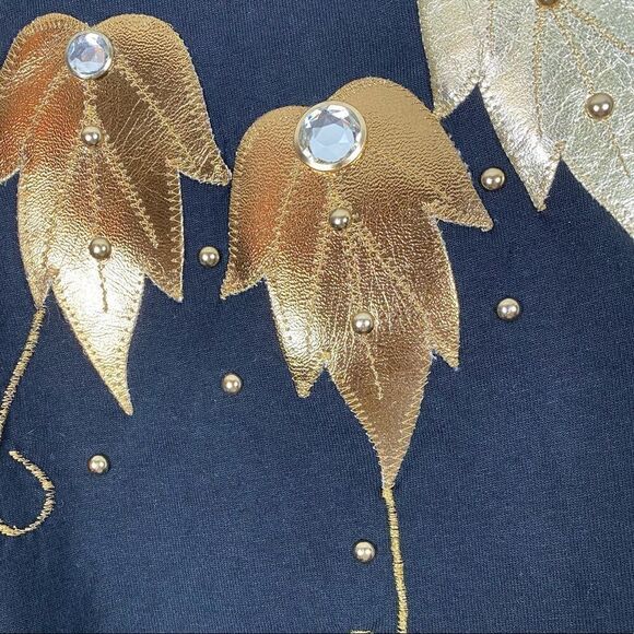 Vintage Black Art Deco Gold Leaf Studded Rhinestone Tshirt - Picture 3 of 5